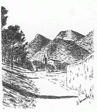 Vall de Toliu, Sant Esperit del Mont. Al fondo el pico del Aguila (46 m.) y las penyes de Coq. Dibujo: Antonio Domenech 1934.