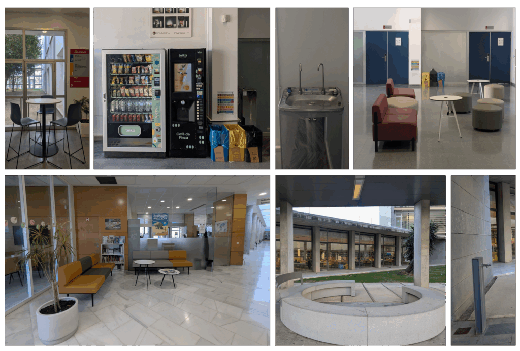 Collage de imágenes de la zona de descanso de la biblioteca, jardín exterior, fuentes, etc.