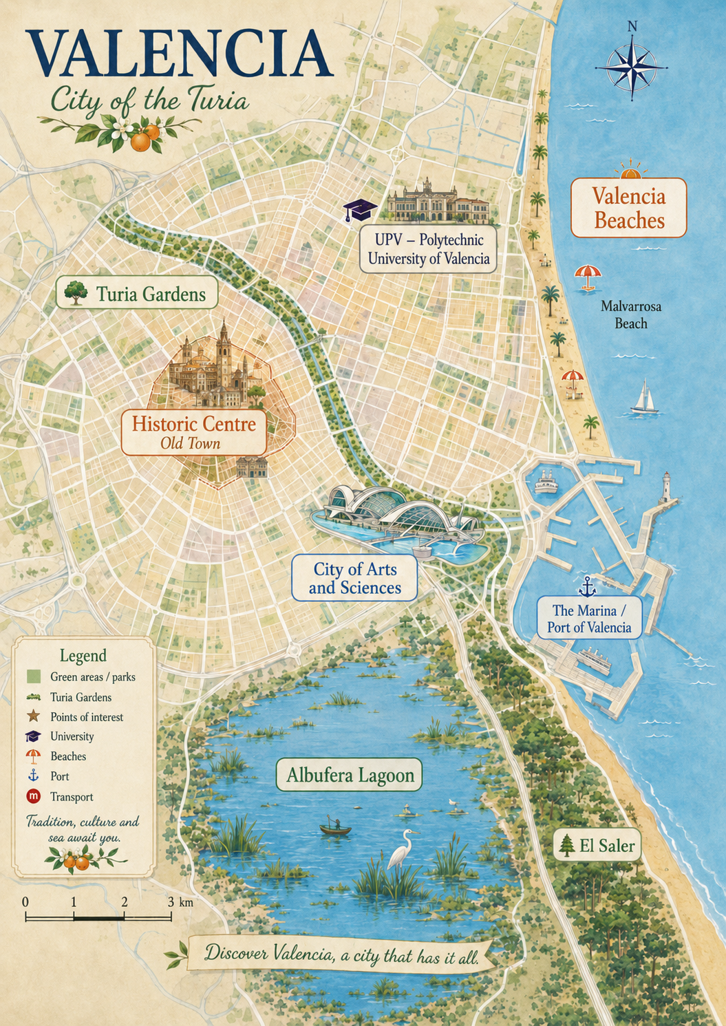 Illustrated map of Valencia with UPV and key places
