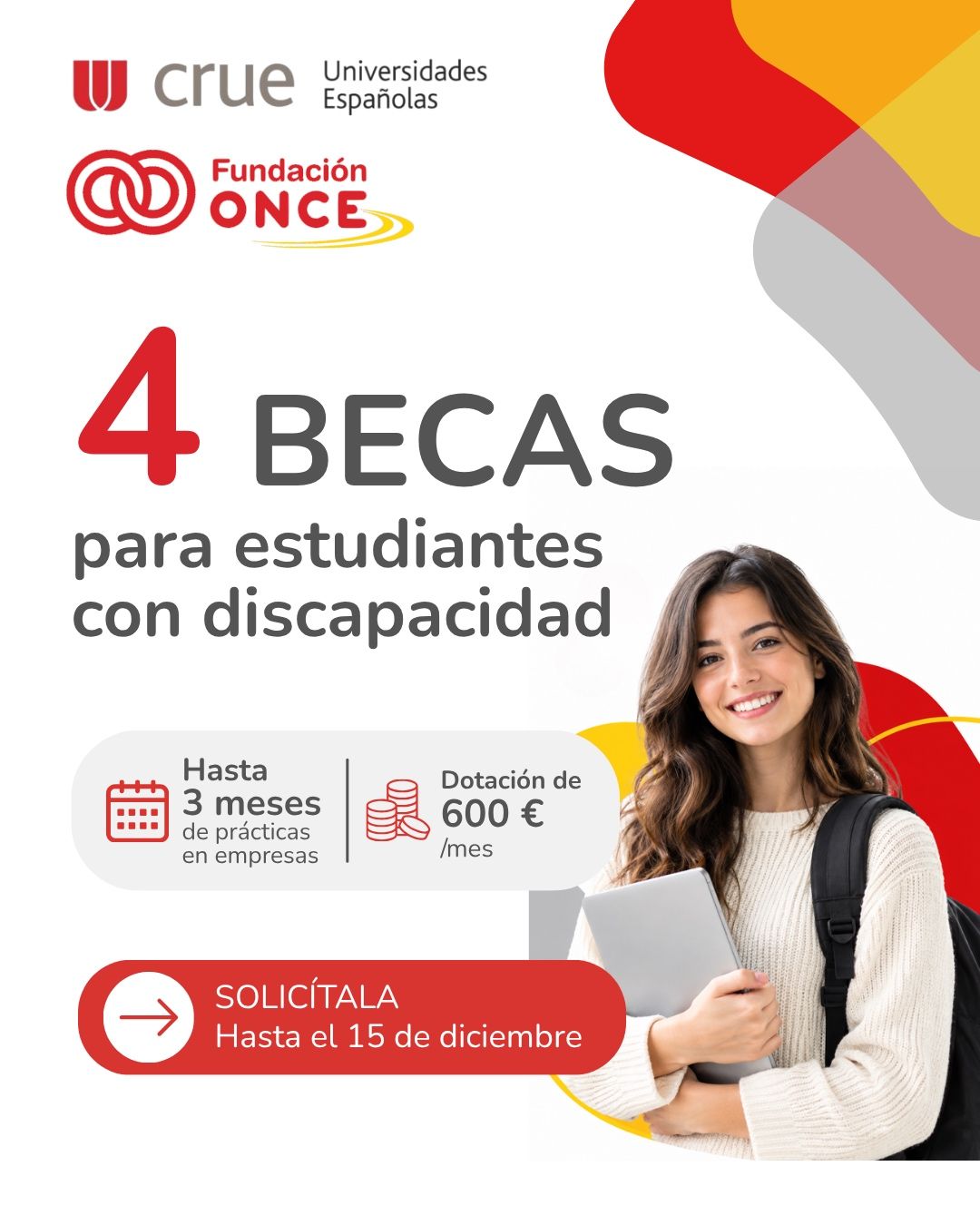 Becas Fundación ONCE-CRUE: 4 plazas para estudiantes con discapacidad, hasta 3 meses y 600 euros al mes. Solicitudes hasta el 15 de diciembre.