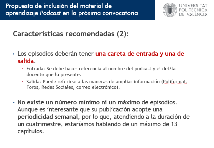 Propuesta de inclusión del material de aprendizaje Podcast en la próxima convocatoria