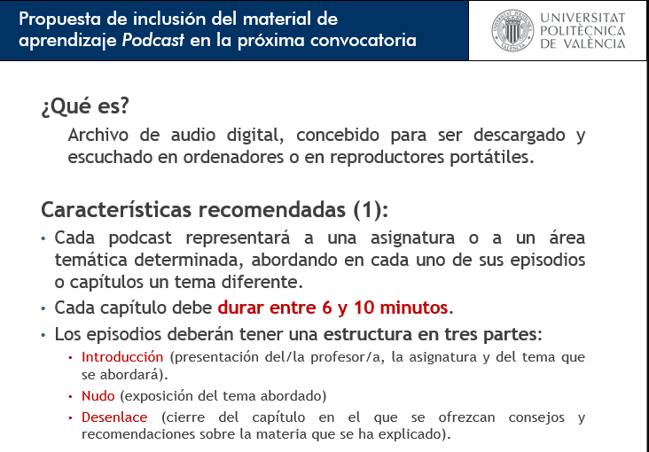 Propuesta de inclusión del material de aprendizaje Podcast en la próxima convocatoria